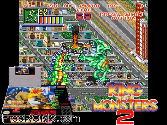 King of the Monsters 2 SNES game showing 3D box cover and gameplay screenshot