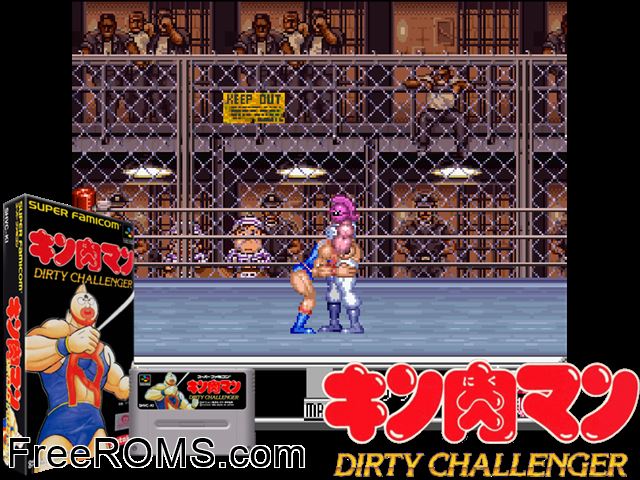 Kinnikuman - Dirty Challenger SNES game showing 3D box cover and gameplay screenshot