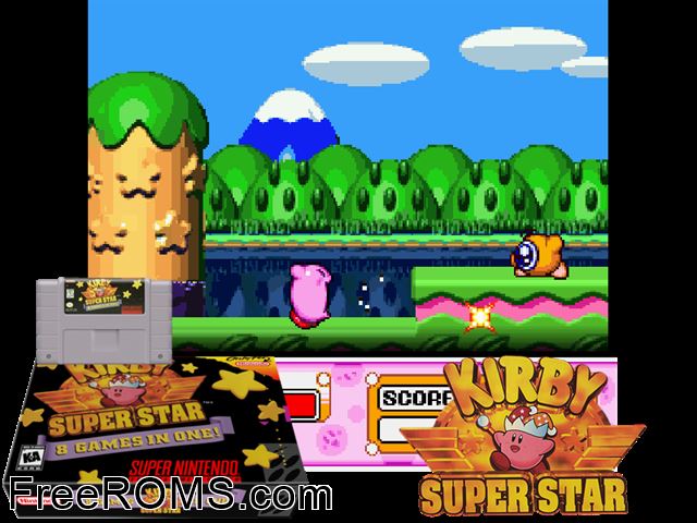 Kirby Super Star SNES game showing 3D box cover and gameplay screenshot