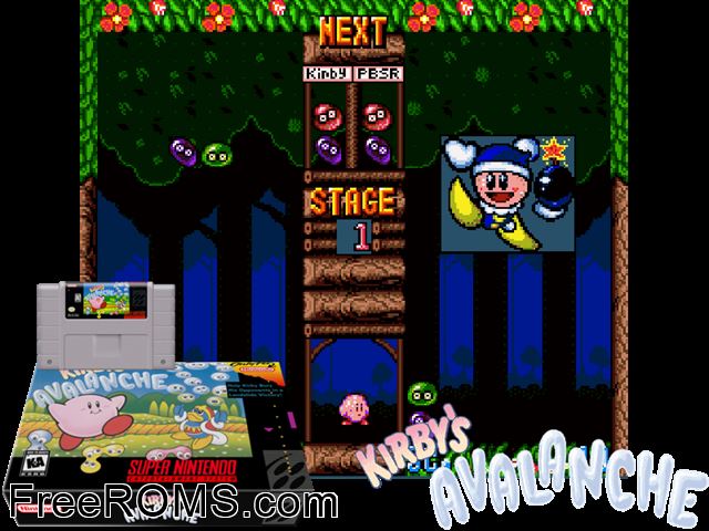 Kirby's Avalanche SNES game showing 3D box cover and gameplay screenshot