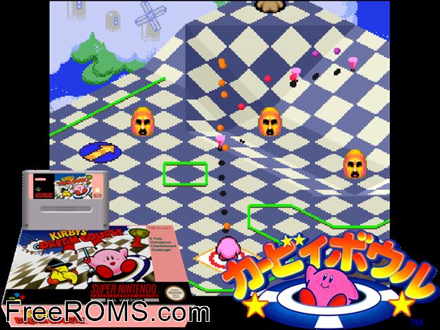 Kirby's Dream Course SNES game showing 3D box cover and gameplay screenshot