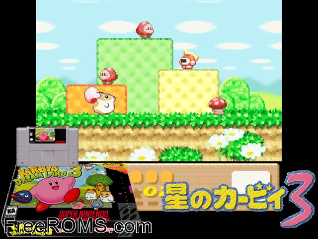 Kirby's Dream Land 3 SNES game showing 3D box cover and gameplay screenshot