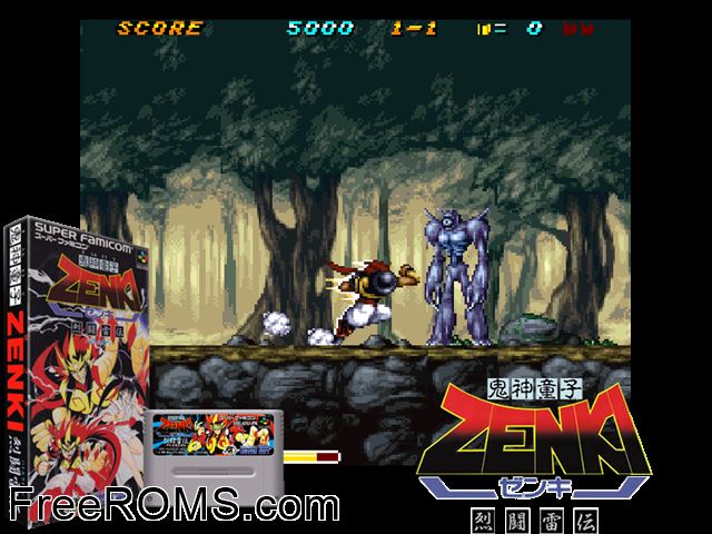 Kishin Douji Zenki - Batoru Raiden SNES game showing 3D box cover and gameplay screenshot