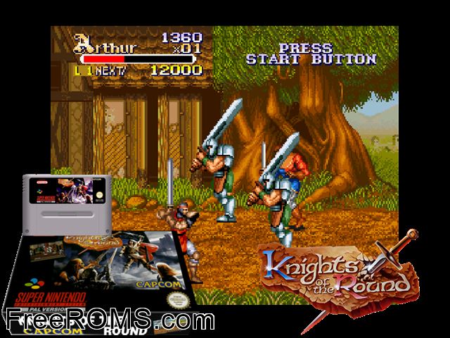 Knights of the Round SNES game showing 3D box cover and gameplay screenshot