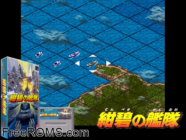 Konpeki no Kantai SNES game showing 3D box cover and gameplay screenshot