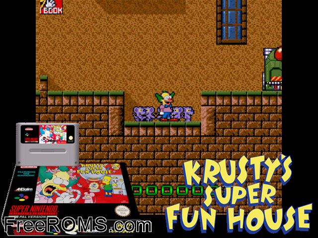 Krusty's Super Fun House SNES game showing 3D box cover and gameplay screenshot