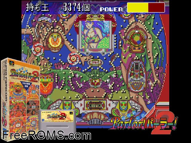 Kyouraku Sanyou Maruhon Parlor! Parlor! 2 SNES game showing 3D box cover and gameplay screenshot