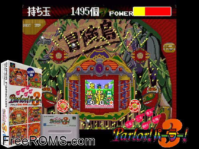 Kyouraku Sanyou Maruhon Parlor! Parlor! 3 SNES game showing 3D box cover and gameplay screenshot