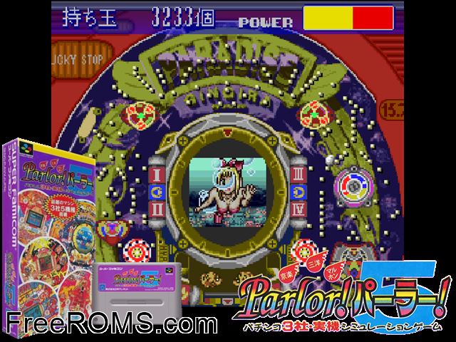 Kyouraku Sanyou Maruhon Parlor! Parlor! 5 SNES game showing 3D box cover and gameplay screenshot