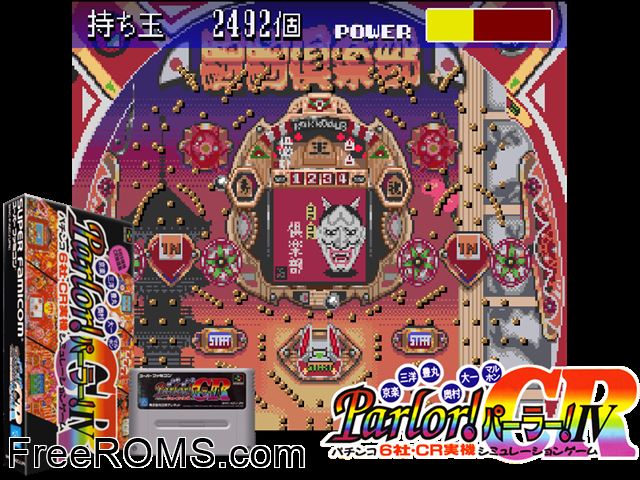 Kyouraku Sanyou Maruhon Parlor! Parlor! IV CR SNES game showing 3D box cover and gameplay screenshot