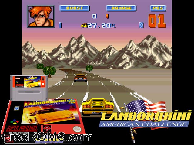 Lamborghini - American Challenge SNES game showing 3D box cover and gameplay screenshot