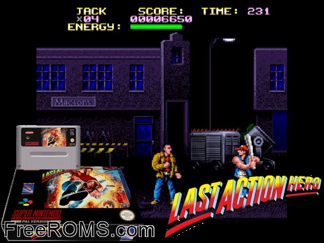 Last Action Hero SNES game showing 3D box cover and gameplay screenshot