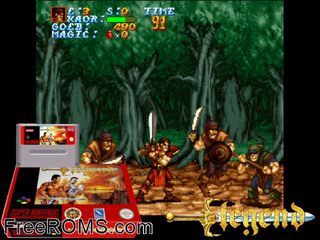 Legend SNES game showing 3D box cover and gameplay screenshot