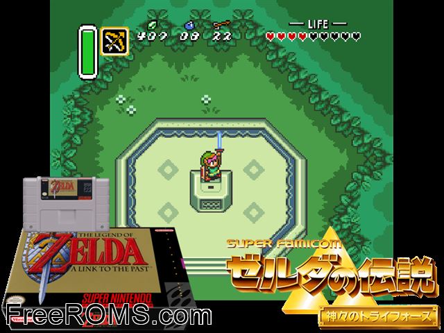 Legend of Zelda, The A Link to the Past SNES game showing 3D box cover and gameplay screenshot
