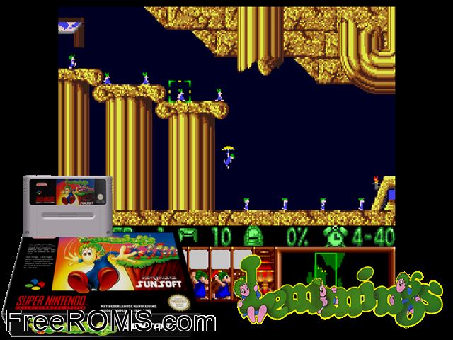 Lemmings SNES game showing 3D box cover and gameplay screenshot
