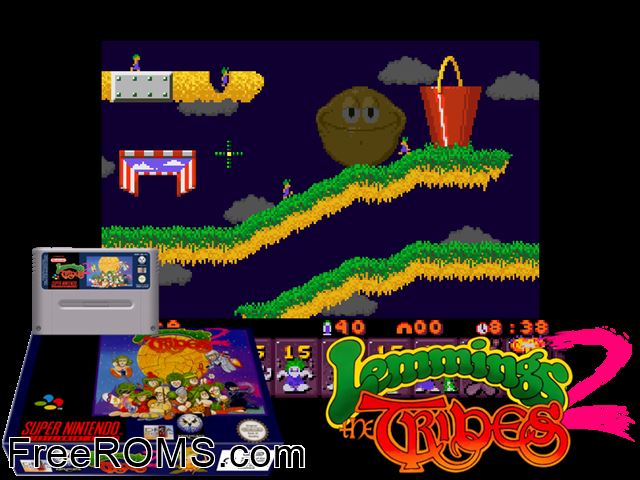Lemmings 2 - The Tribes SNES game showing 3D box cover and gameplay screenshot