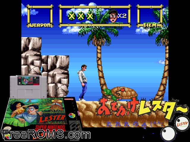 Lester the Unlikely SNES game showing 3D box cover and gameplay screenshot