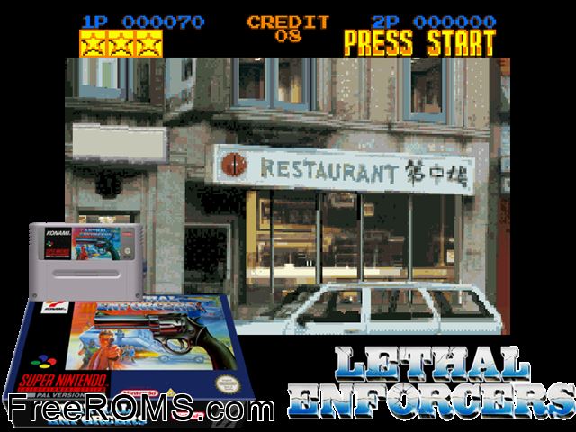 Lethal Enforcers SNES game showing 3D box cover and gameplay screenshot