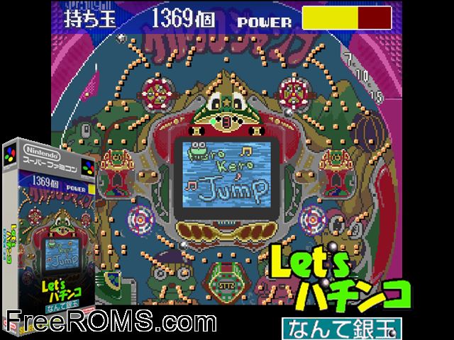 Let's Pachinko Nante Gindama SNES game showing 3D box cover and gameplay screenshot