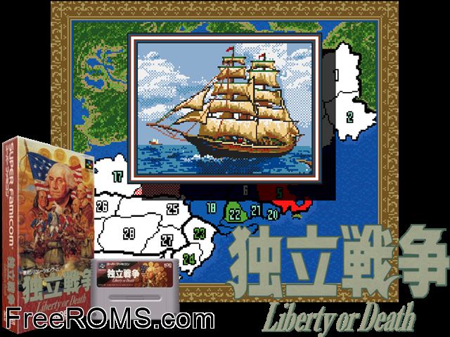 Liberty or Death SNES game showing 3D box cover and gameplay screenshot