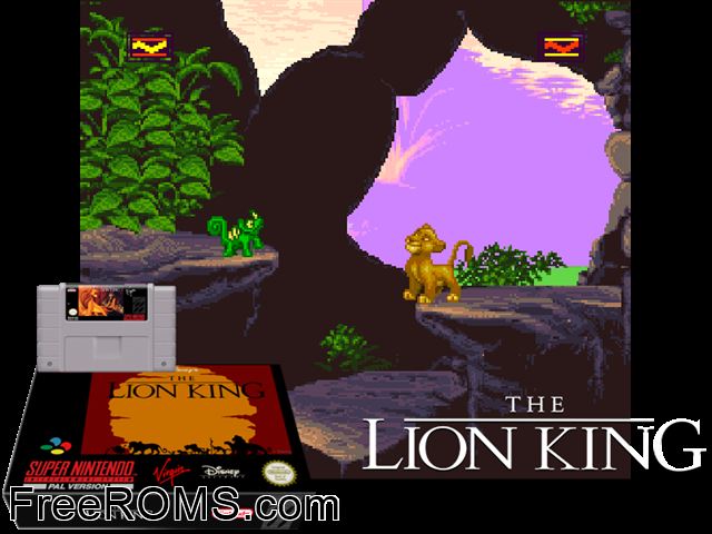 Lion King, The SNES game showing 3D box cover and gameplay screenshot