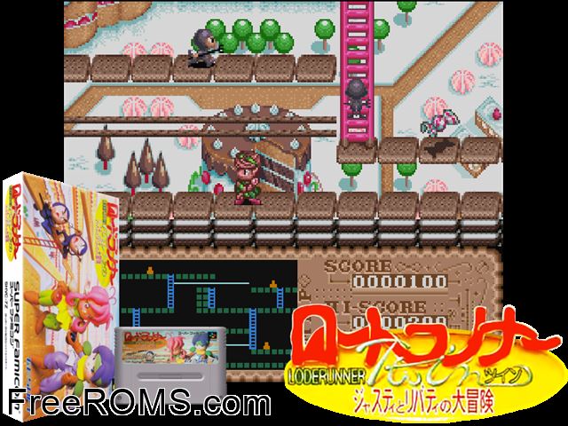 Lode Runner Twin - Justy to Liberty no Daibouken SNES game showing 3D box cover and gameplay screenshot