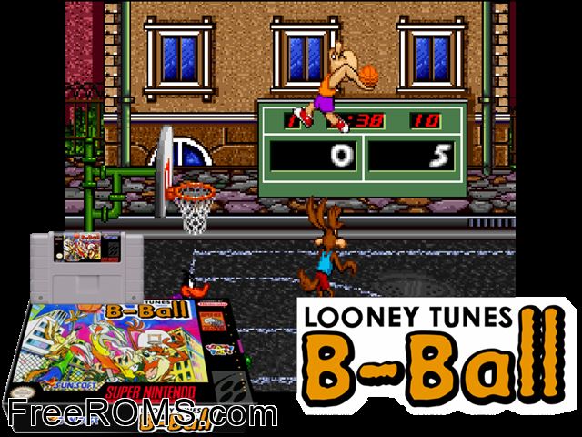Looney Tunes B-Ball SNES game showing 3D box cover and gameplay screenshot