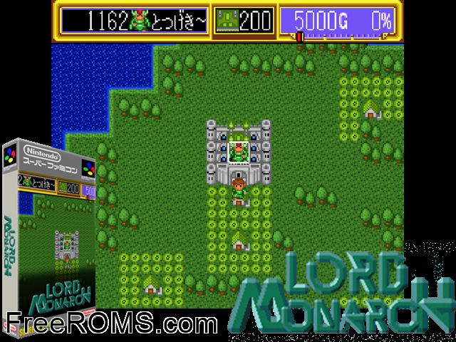 Lord Monarch SNES game showing 3D box cover and gameplay screenshot