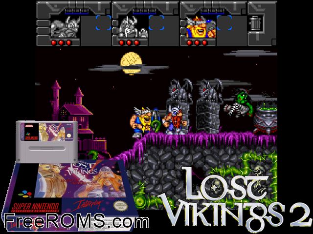 Lost Vikings II, The SNES game showing 3D box cover and gameplay screenshot