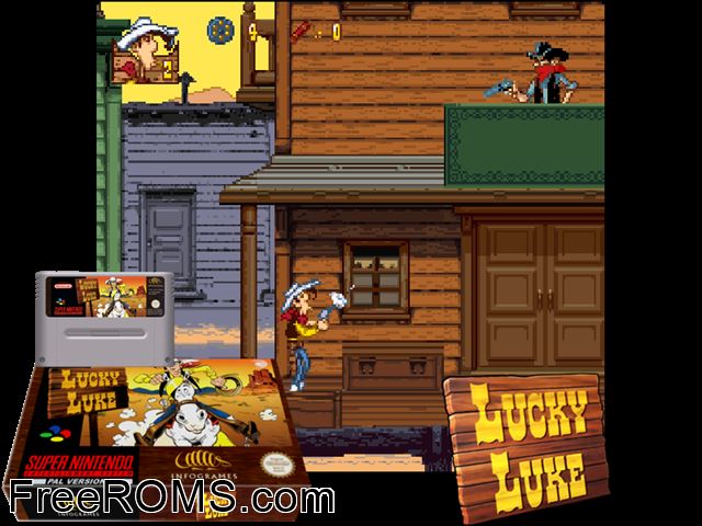 Lucky Luke SNES game showing 3D box cover and gameplay screenshot