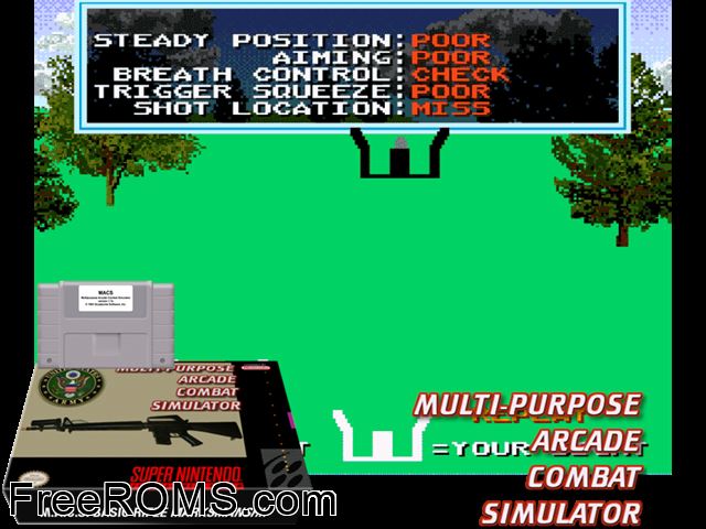 M.A.C.S. Basic Rifle Simulator SNES game showing 3D box cover and gameplay screenshot