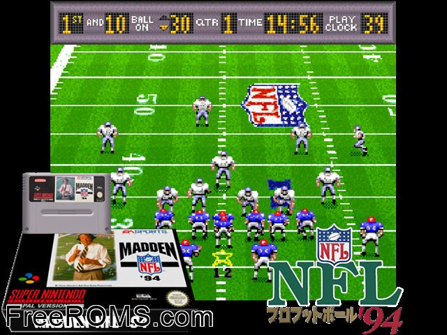 Madden NFL '94 SNES game showing 3D box cover and gameplay screenshot