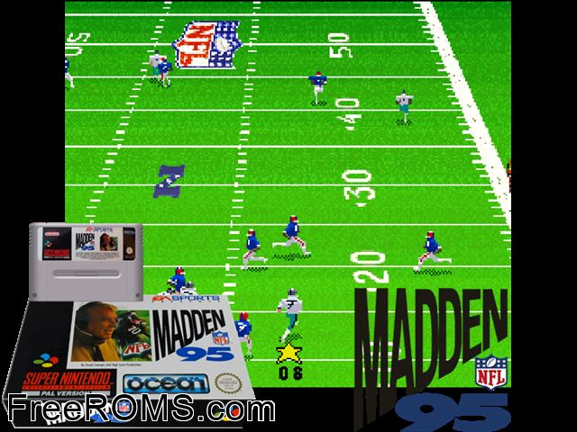 Madden NFL '95 SNES game showing 3D box cover and gameplay screenshot