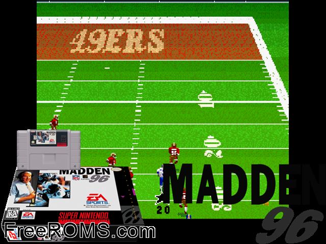 Madden NFL '96 SNES game showing 3D box cover and gameplay screenshot