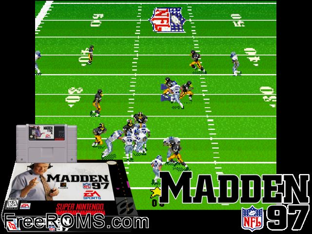Madden NFL '97 SNES game showing 3D box cover and gameplay screenshot
