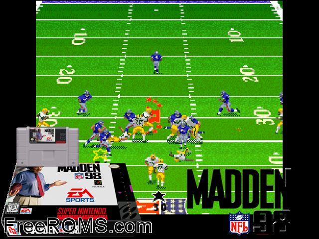 Madden NFL '98 SNES game showing 3D box cover and gameplay screenshot