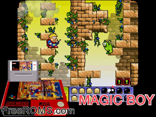 Magic Boy SNES game showing 3D box cover and gameplay screenshot