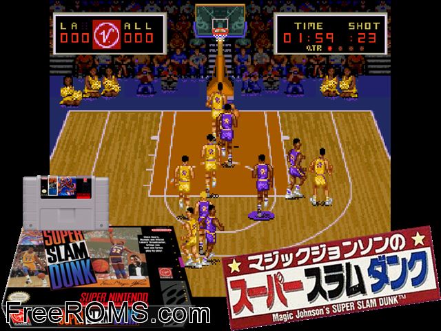 Magic Johnson's Super Slam Dunk SNES game showing 3D box cover and gameplay screenshot
