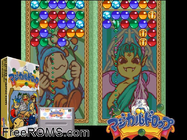 Magical Drop SNES game showing 3D box cover and gameplay screenshot