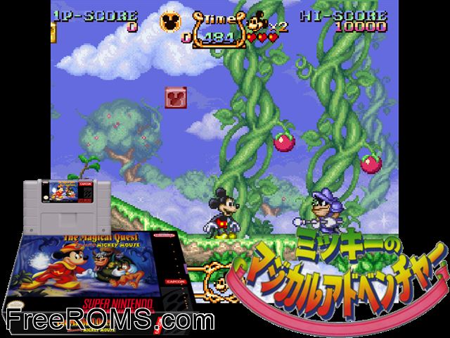 Magical Quest Starring Mickey Mouse, The SNES game showing 3D box cover and gameplay screenshot