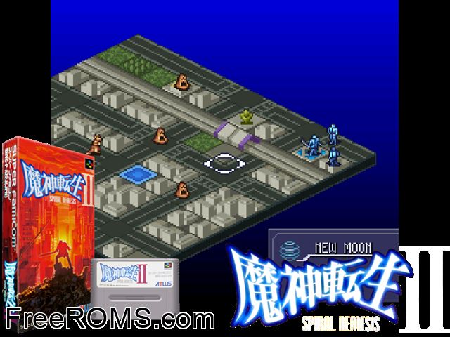 Majin Tensei II - Spiral Nemesis SNES game showing 3D box cover and gameplay screenshot