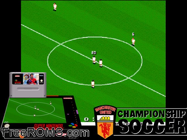 Manchester United Championship Soccer SNES game showing 3D box cover and gameplay screenshot