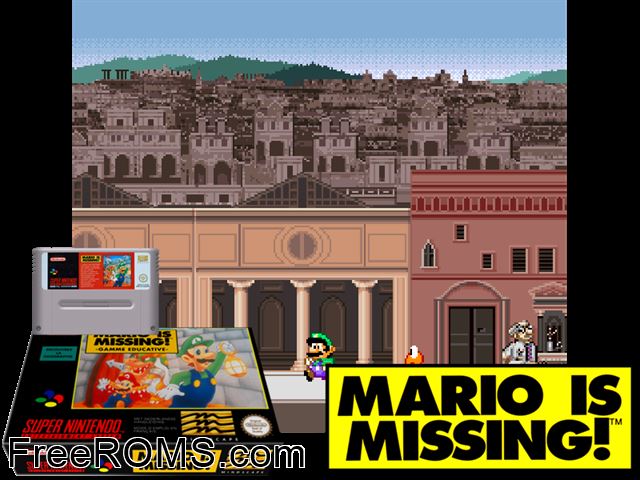 Mario is Missing! SNES game showing 3D box cover and gameplay screenshot