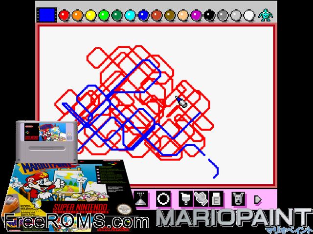Mario Paint SNES game showing 3D box cover and gameplay screenshot