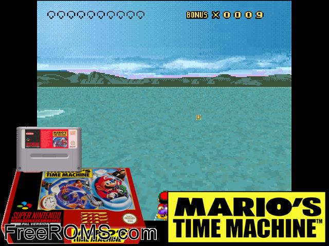 Mario's Time Machine SNES game showing 3D box cover and gameplay screenshot