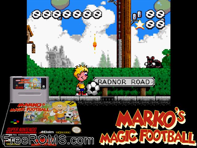 Marko's Magic Football SNES game showing 3D box cover and gameplay screenshot
