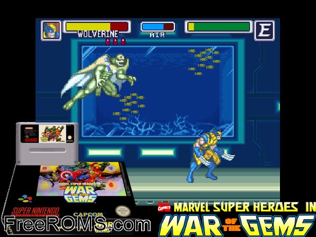 Marvel Super Heroes - War of the Gems SNES game showing 3D box cover and gameplay screenshot