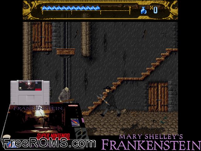 Mary Shelley's Frankenstein SNES game showing 3D box cover and gameplay screenshot
