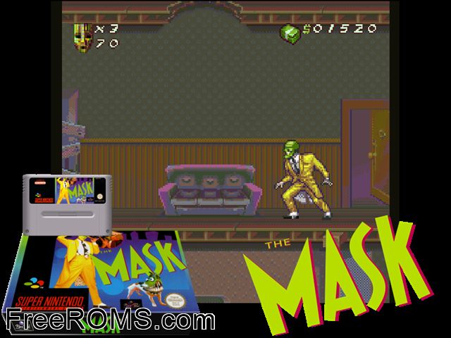Mask, The SNES game showing 3D box cover and gameplay screenshot