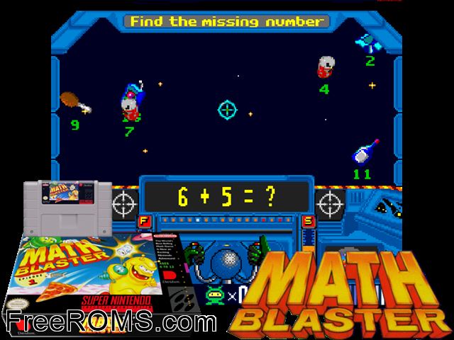 Math Blaster - Episode 1 SNES game showing 3D box cover and gameplay screenshot